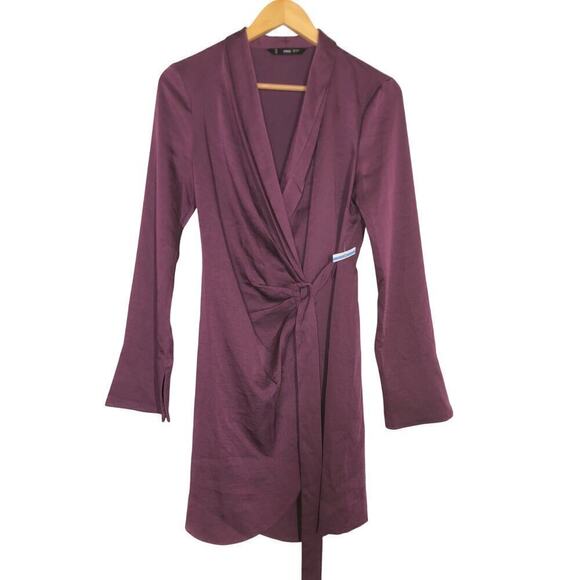 Mango Florence Dress Satin Long Sleeve Buckled Wrap Mini Purple NWT 4 - Picture 5 of 10